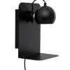 Ball Væglampe m. Hylde + USB-opladning - Mat Sort